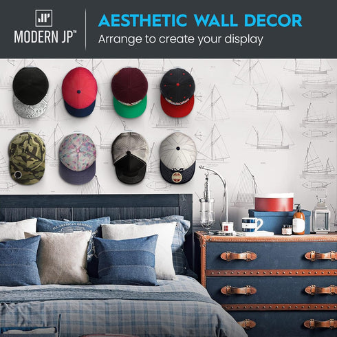 Modern JP 8-Pack Adhesive Hat Hooks for Wall, Minimalist Design, No Drilling, Strong Hold Hat Hangers, Black