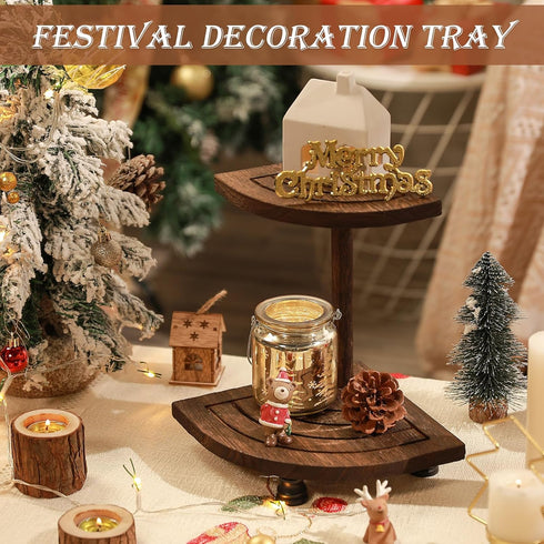 Tikea Decorative Wood Riser for Display, 2-Tier Rustic Corner Shelf for Kitchen Bathroom Counter Decor, Brown Pedestal