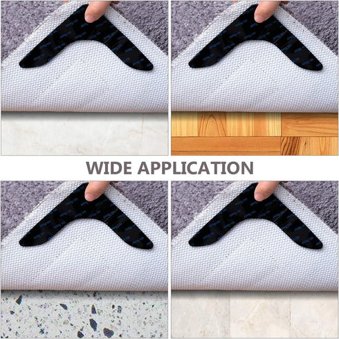 Rug Grippers, Never Curl Non Slip Reusable Carpet Stickers for Area Rugs, Keep Your Rug in Place (Black, 4Pcs)