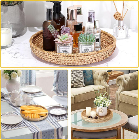 Hipiwe 11.8" Round Key Basket Bowl for Entryway Table, Large Rattan Tray Decorative Ottoman Trays Centerpiece