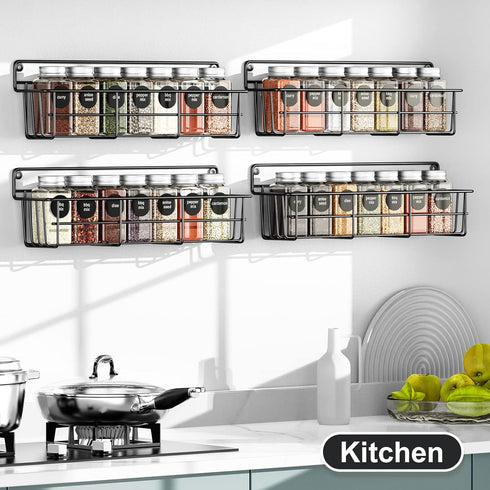 Spice Rack Organizer Wall Mount, Hanging Spice Pantry Storage Shelf Organization, 4 Pack Space Saving Seasoning Organizer for Kitchen Cabinet, Door or Bathroom, Black by Mystozer