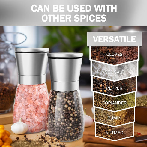 Set 4 Home EC Original Stainless Steel Sea Salt and Pepper Grinder of - Adjustable Ceramic - Glass Salt and Pepper