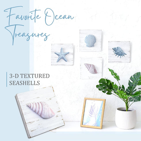 TideAndTales Beach Decor Seashell Wall Art - Set of 4 Textured 3D Shells and Starfish Decorations for Coastal Bedroom