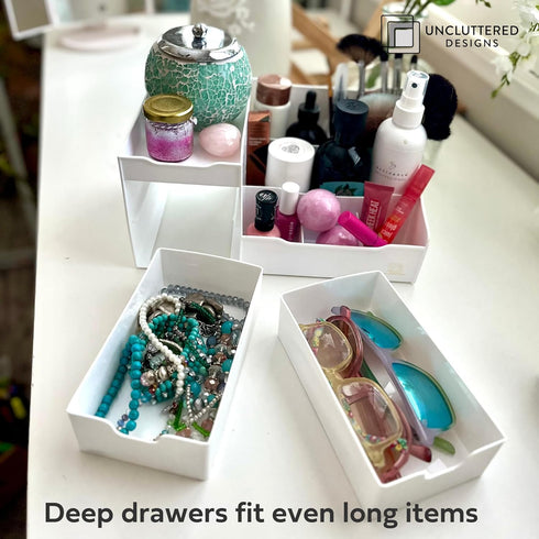 Uncluttered Designs Large Makeup Organizer for Vanity - Countertop Desk with Drawers for Cosmetic, White