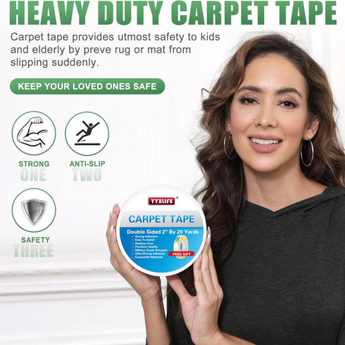 YYXLIFE Double Sided Carpet Tape, 2 Inch x 20 Yards, Removable Multi-Purpose Rug Adhesive for Hardwood Floors, Outdoor
