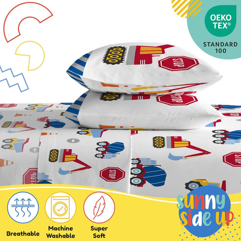 Set 4 Set Sunny Side Up Construction Zone Full Sheet - Piece Kids Bedding Includes Pillow Cover - Super Soft Trucks