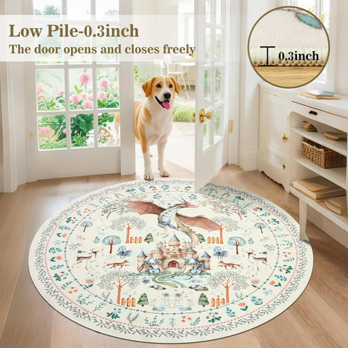 5Ft nesrt Washable Area Rugs Round for Living Room Non Slip, Beige Dragon Forest Circle Dining Room Rugs Low Pile, Soft