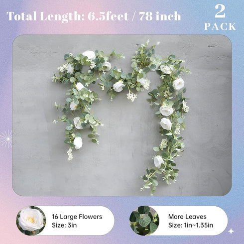 Der Rose 2Pcs Artificial Eucalyptus Flower Garland with Fake Rose Flower Vine, 13FT Total Decor