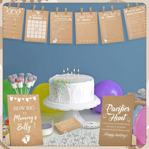 424 50 Sherr Pcs Kraft Baby Shower Pacifier Hunt Game Include Hunt Sign and Acrylic Pacifiers Bingo Price Guess How Is