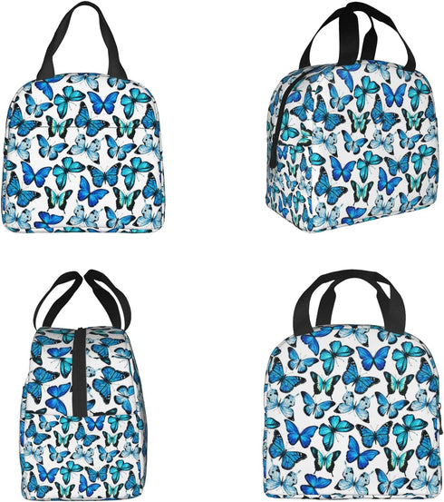 Insulated Lunch Bag Box for Women, Blue Butterfly Print Cooler Thermal Waterproof Tote Bag for Work & Picnic