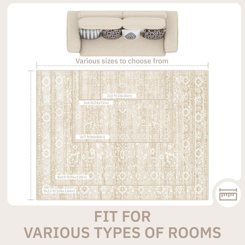 5x7 5'x7') Soalmost Area Rugs for Living Room, Washable Vintage Floral Non-Slip Low Pile Neutral Rug Soft Throw Carpet