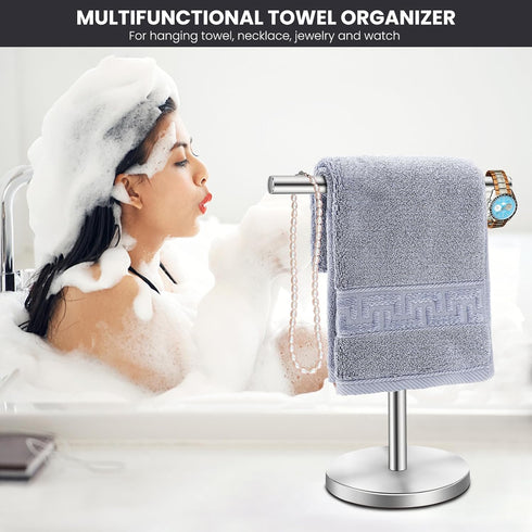 T-Shape Bath Hand Towel Holder Stand - Stainless Steel Free Standing Rack for Bathroom and Kitchen, Silver