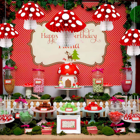 8PCS 3D Mushroom Honeycomb Decor Mushroom Shaped Tissue Paper Pom Decorations for Jungle Wonderland Themed Birthday