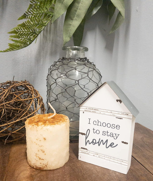 Rustic House-Shaped Mini Wood Block Sign - "I Choose to Stay Home" 3"W x 4"H x 1"D