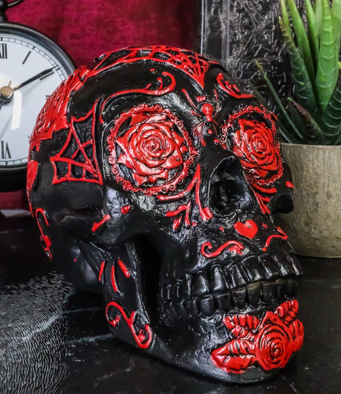 Ebros Day of The Dead Spider Web Floral Red Rose Skull Figurine - DOD Floral Black Sugar Skull Statue 5" L