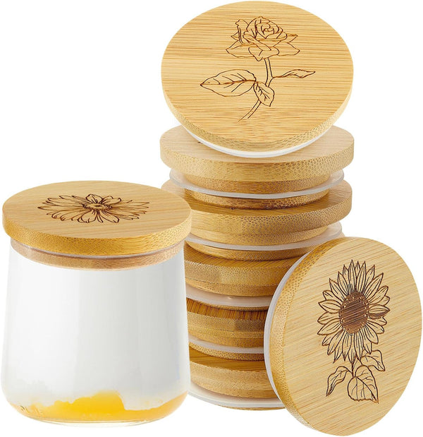 Gueevin 6 Pieces Yogurt Jar Lids Bulk Bamboo Wooden Lids Set Compatible