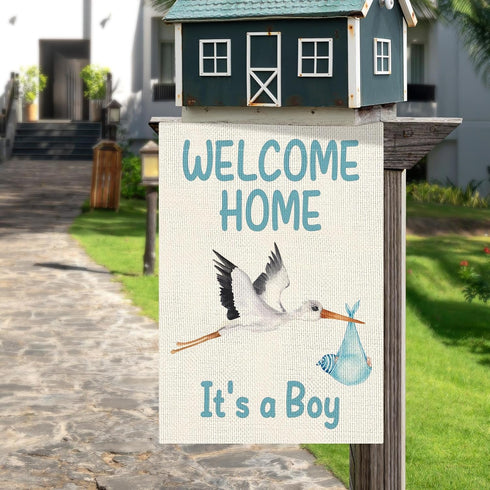 Welcome Home Baby Boy Garden Flag 12×18 Inch Double Sided Burlap Flag for Newborn Gender Reveal Lawn Yard Sign