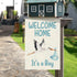 Welcome Home Baby Boy Garden Flag 12×18 Inch Double Sided Burlap Flag for Newborn Gender Reveal Lawn Yard Sign