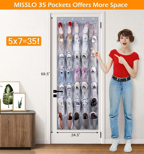 MISSLO Sturdy Oxford Shoe Organizer for Closet Door Hanging Organizer 35 Large Pockets Hanging Shoe Rack for Closet Mesh Back of Door Shoe Storage Door Hanger, Grey by MISSLO