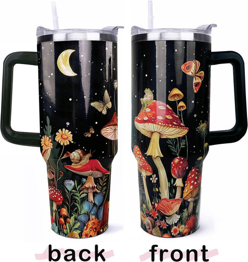 ZNYYZYBA 40oz Mushroom Tumbler with Handle Mushroom Gifts for Women Insulated Leak Proof Travel Coffee Mug, Reusable