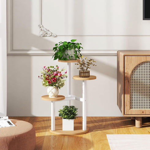 4 TMJ073R IBUYKE Tier Plant Stand Indoor, Metal Wood Plant Shelf for Multiple Plants, Small Tiered Corner Flower Pot