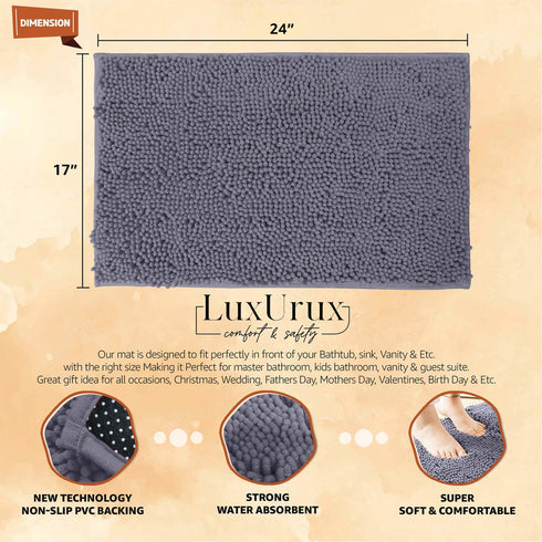 LuxUrux Bath Mat, Extra-Soft Plush Non-Slip Bathroom Rug, 17 x 24 inches, Dark Gray Chenille Microfiber