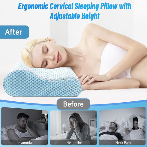 CloudBliss Memory Foam Pillow, Ergonomic Neck Contour Cervical Pillow for Neck and Shoulder Pain Relief, King Blue