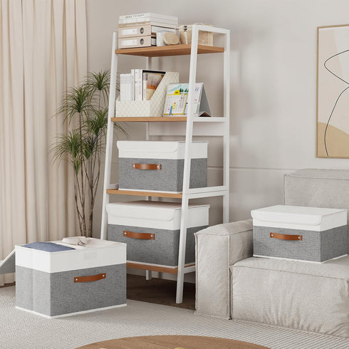 Yawinhe Storage Boxes with Lids, Linen Fabric Bin, Cube Organizer Basket, Washable, White/Grey, 1-Pack