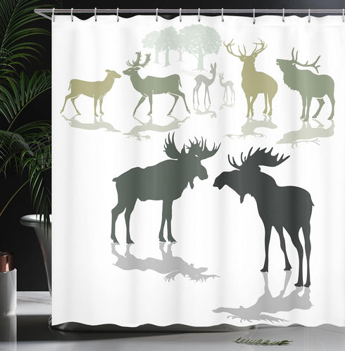 Ambesonne Antlers Shower Curtain, Elk Deer and Fawn Silhouette Forest Theme, 69" W x 75" L