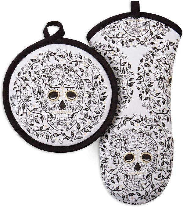 Fiesta Skull & Vine Oven Mitt & Pot Holder Set, Multi-colored, 6.5"x13" and 8"x8"