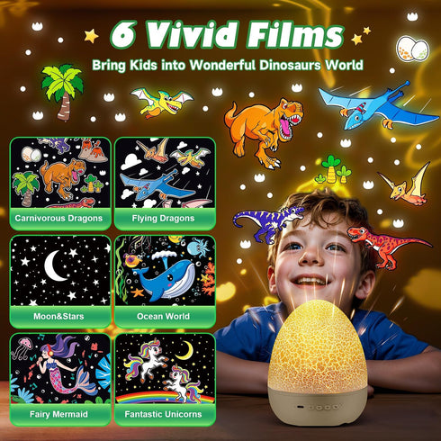 Dinosaur Night Light for Kids, 21 Lighting + 6 Films, 360° Rotate + Remote, 10 Sound Projector Night Light