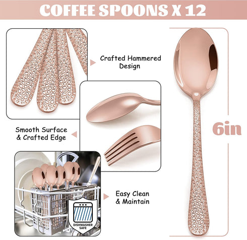 E-far 12-Piece Copper Coffee Spoons, 6-Inch Stainless Steel Espresso Spoons, Small Metal Spoons for Coffer/Sugar/Tea, Hammered Design & Rust Free, Mirror Finish
