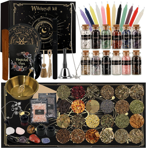 132 Witchcraft Supplies Kit PCS, Wiccan Supplies and Tools, Including Witchcraft Herbs, Spell Candles, Crystals
