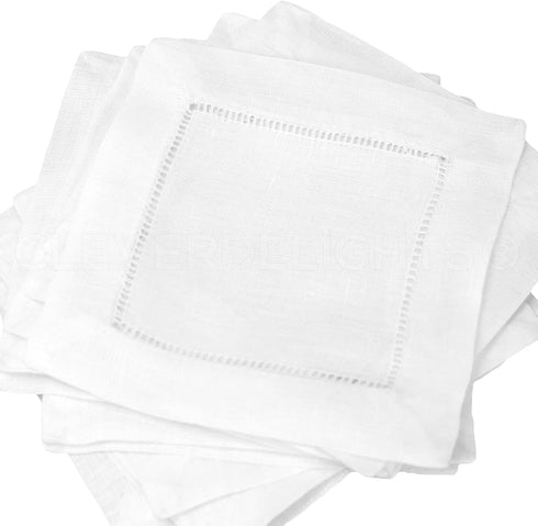 CleverDelights 6" White Cotton Hemstitch Cocktail Napkins - 12 Pack, 100% Cotton