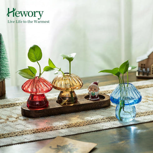 Set 3 Glass Propagation Station for Plant: Mushroom Planter with Wooden Stand for Home Office Decor - Unique