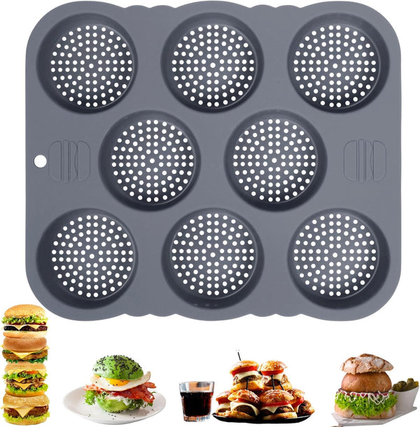 Hamburger Bun Pan | Non-Stick Silicone Bread Loaf Pan | 8 Cavity Perforated Mold