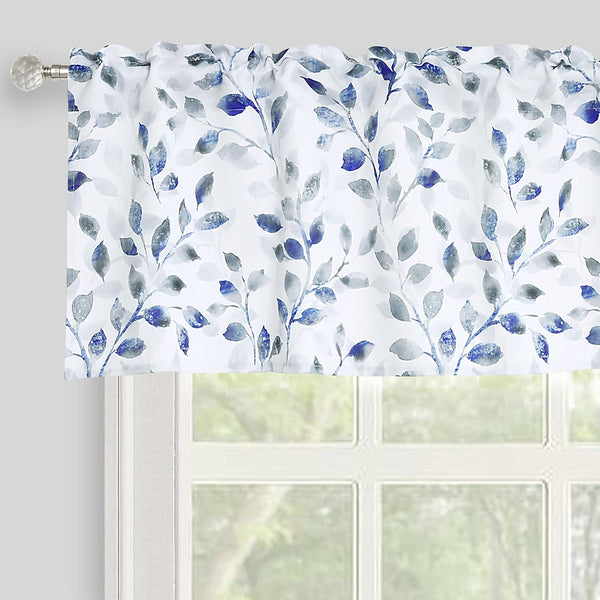 Watercolor Leaves Print Valance for Windows, Blue and Gray Floral Short Curtains for Kitchen, 52 x 18 Inches