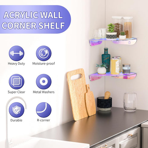 7x7 Inch Set 2, Sezanrpt Corner Shelf Wall Mount of Iridescent Acrylic Corner Floating Shelves, Corner Wall Organizer