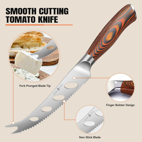 TUO Cheese Knife, Tomato Knife 5.5" - Serrated Blade, High Carbon German Steel, Multi-Use Non Stick Design, Pakkawood
