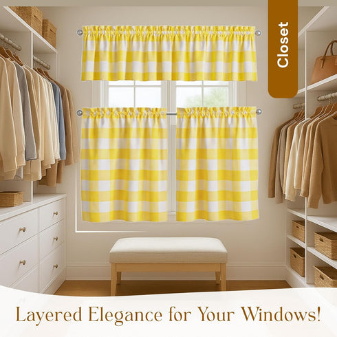 3 Set, 2 26x36 Inch 54x18 Inch, Native Fab Buffalo Check Short Window Curtains, Piece Tier and Valance Tiers
