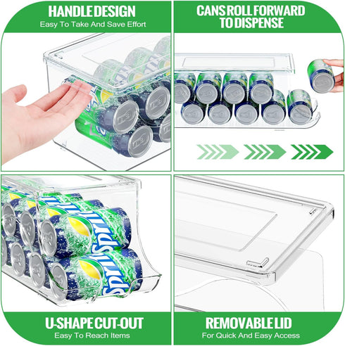 Soda Can Organizer for Refrigerator, Stackable Canned Food Container with Lid for Fridge Pantry Rack, Holds 10 Cans