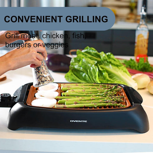 OVENTE Electric Indoor Grill, 13x10 Inch Non-Stick Surface, 1000W Fast Heat, Adjustable Temperature, Dishwasher Safe