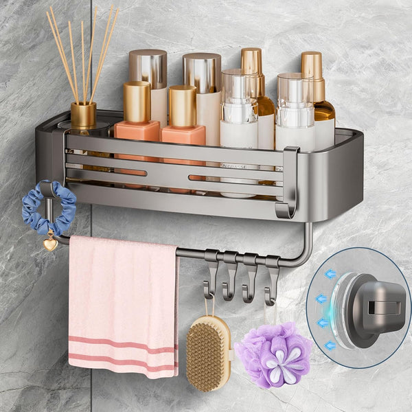 OKEJUNYE Shower Caddy Suction Cup, No Drilling Removable Shower Shelf with Towel Bar