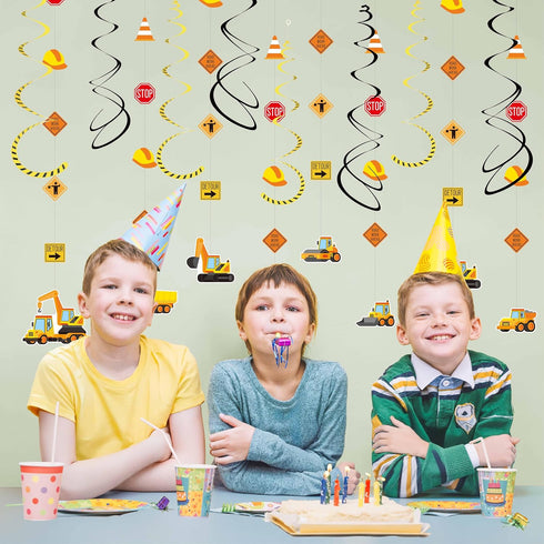 16Pcs Set Construction Theme Party Hanging Decorations Swirl with Trucks, Traffic Cone & Safety Symbols | Party