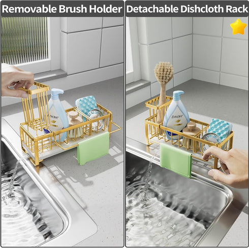 SWTYMIKI Sponge Holder for Kitchen Sink, Self-draining Caddy Organizer with Divider for Countertop (Gold)