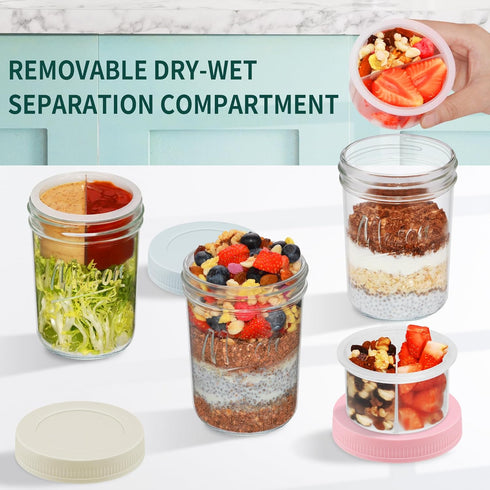 16 oz 6-Pack Xyptorix Overnight Oats Containers with Lids, Leak-Proof Wide Mouth Mason Jars & Separate Compartments