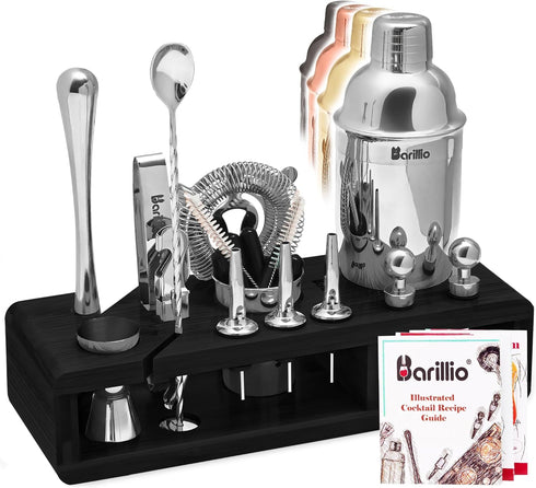Barillio Silver Bartender Kit - Stainless-Steel Cocktail Shaker Set with Black Bamboo Stand - 23-Pc Mixology Bar Tools