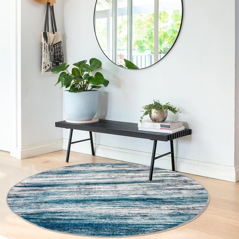 KOZYFLY 3Ft Abstract Round Washable Rug, Teal Blue Striped Non-Slip Soft Circle Rug for Kitchen, Bathroom, Bedroom