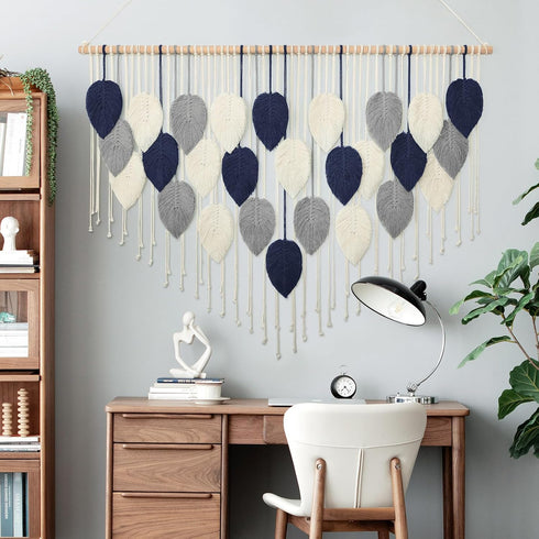 51.5"Wx33.5"L Weldomcor Large Macrame Wall Hanging Leaf Boho Woven Tapestry, Bohemian Chic Wall Hanging Feather
