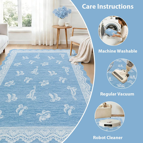5x7 ORTIGIA Scalloped Area Rug for Living Room, Blue Washable Low Pile Non Slip Rug with Bow Large Carpet for Kid